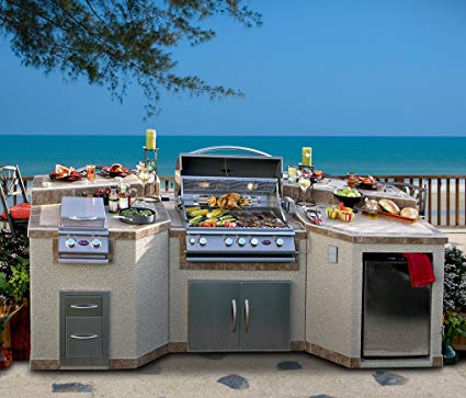Cal Flame e3100 3 Piece Outdoor Kitchen Island with 4-Burner Built in Grill 30