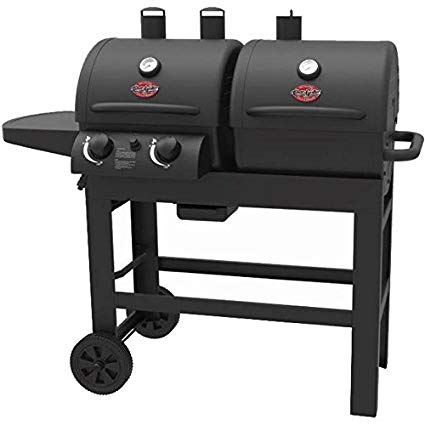 Char-Griller Dual 2 Burner Charcoal and Gas Grill with Stainless Steel Heat Gauges and Cast Iron Grates, Made with Heavy Duty Steel